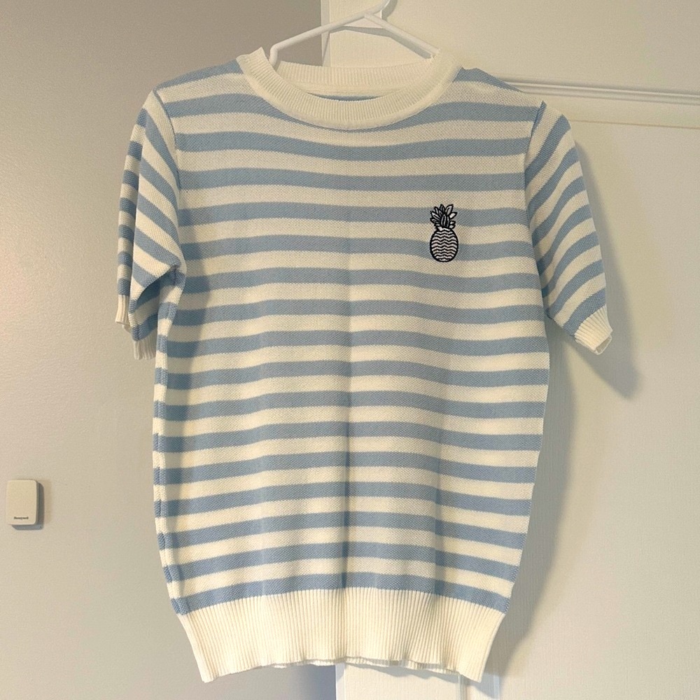 Blue and White Striped Short Sleeve Sweater